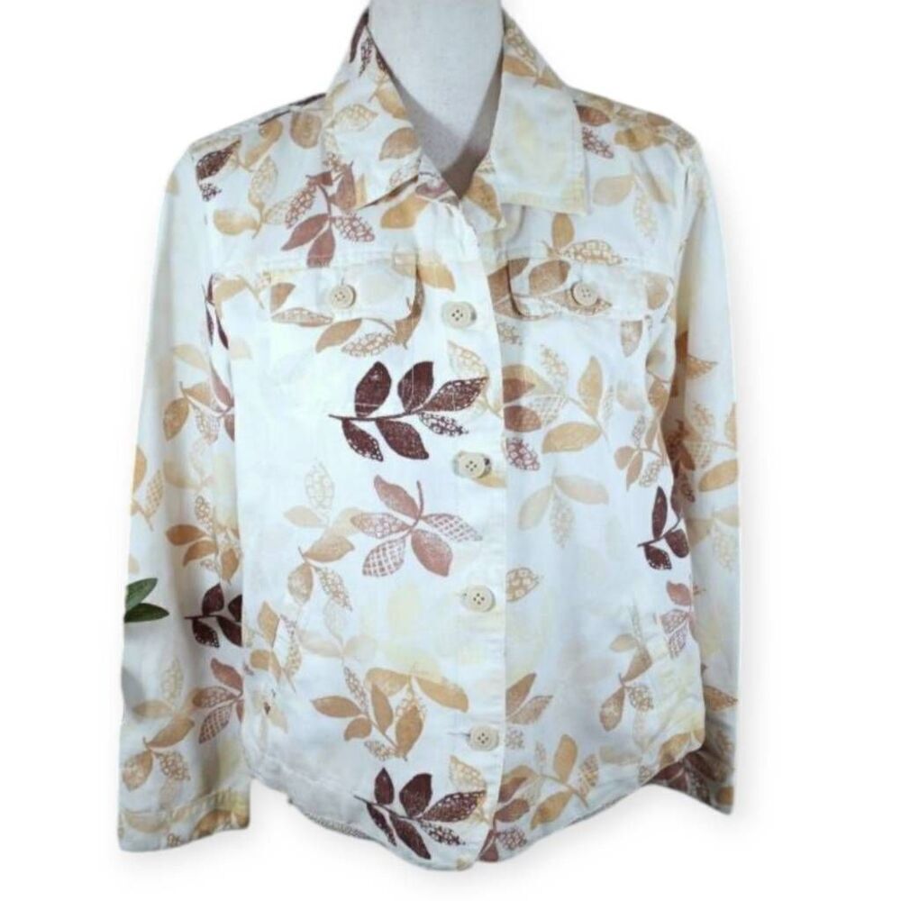 CROFT & BARROW CREAM & BROWN LEAF PRINT SHIRT JACKET SZ.M EUC